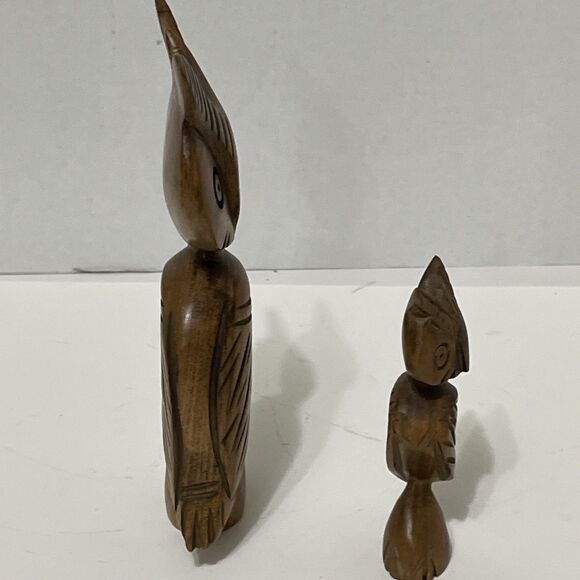 2 Adorable Hand Carved MCM Wood Owl Statue Figurines Unique Weirdo 8” & 5” - Picture 4 of 7
